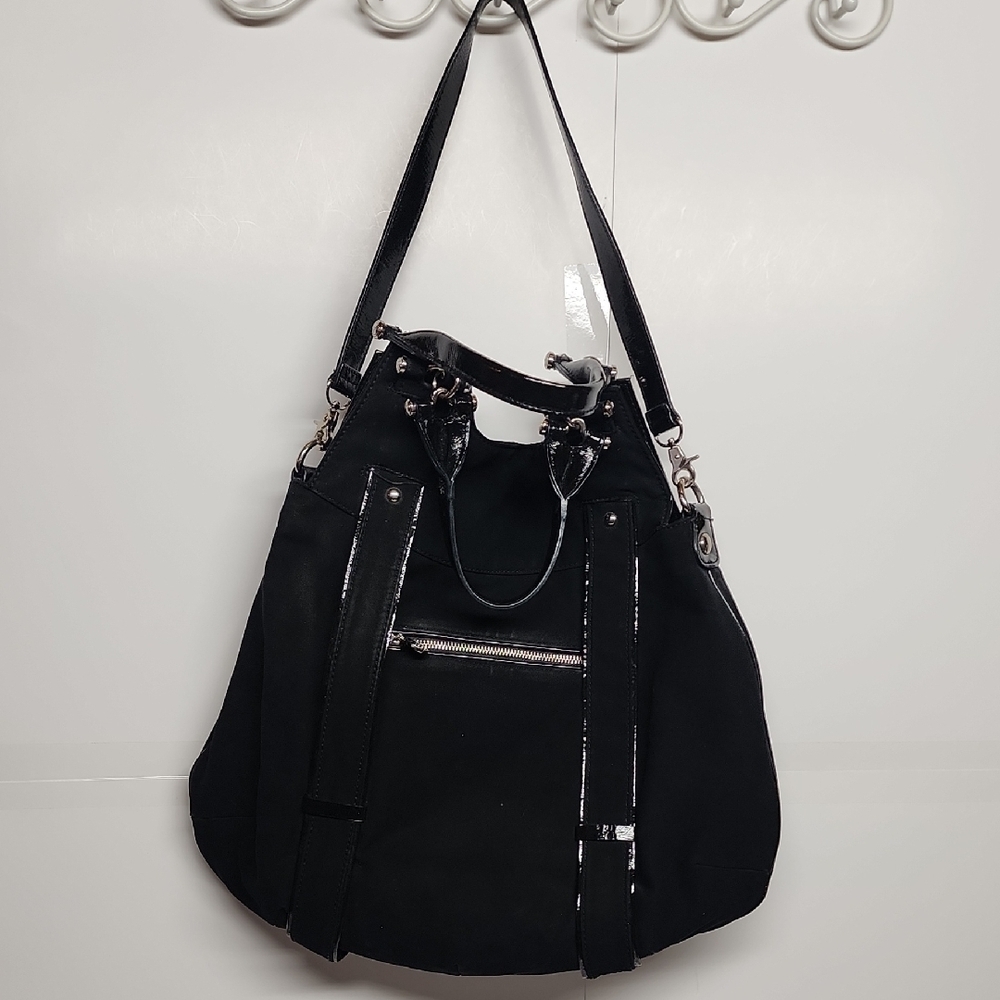 Donald J.Pliner elegant black vinyl and patent leather vintage bag. Minimalist.